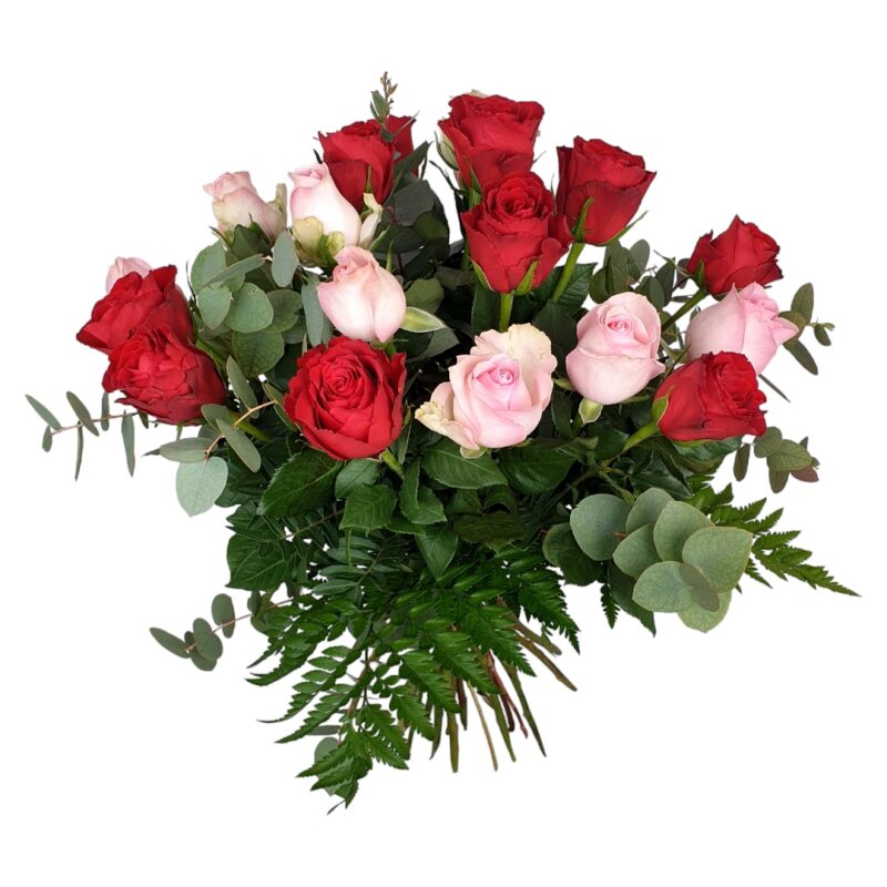 Rød og rosa rosebukett med grønt - Bilde 2